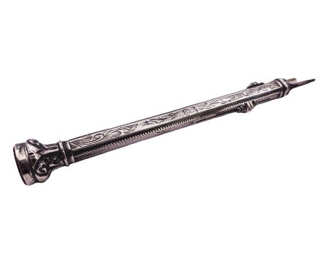 Victorian silver slide auction combination pencil and dip pen, with foliate engraved decoration to body and inset glass termi