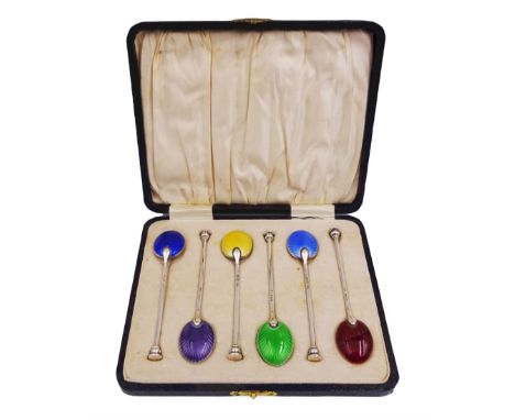 Set of six 1930's silver and enamel coffee spoons, the underside of the bowls with guilloche enamel in purple, yellow, red, g