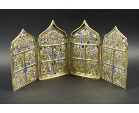 RUSSIAN TRAVELLING ICON, four folding panels, brass with blue and white enamel each panel with multiple relief depicting impo