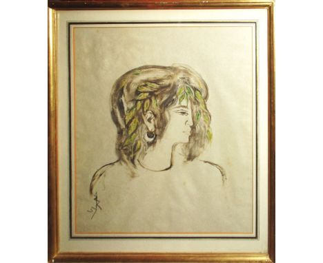 20TH CENTURY SCHOOL, 'Profile portrait of a young lady with laurel in her hair' tempera on paper, 44cm x 38cm, monogram botto