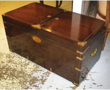 TRUNK, Campaign style brass bound with divided hinged top enclosing a tray, 49cm H x 97cm x 48cm.