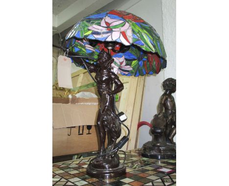 TIFFANY STYLE TABLE LAMP, with figurative support, 78cm H.