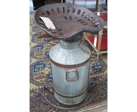 BAR STOOL, with swivel tractor seat fitted to a milk churn, 80cm H.