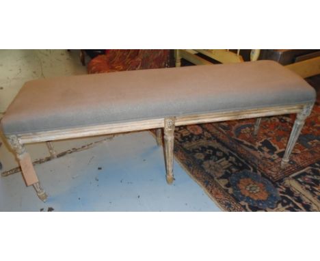 HEARTH STOOL, vintage, painted and distressed rectangular with new linen cover, 38cm D x 128cm W x 47cm H. 