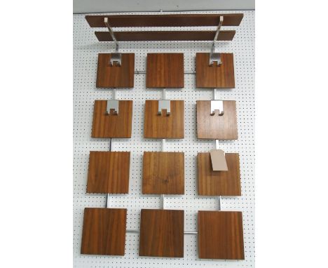 COAT RACK, 1970's, teak wall mounted with shelf and movable polished aluminium hooks, 113cm H x 74cm W. 