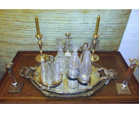 SILVER PLATED WARES, including candlesticks, decanter stand, cruet stand and two various serving trays. (Qty)