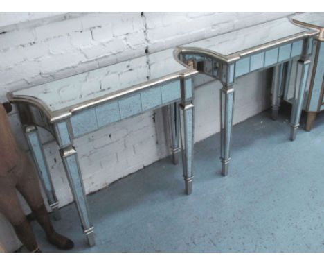 MIRRORED CONSOLE TABLES, a pair, on square supports, 90cm x 35cm x 80cm H. (2)