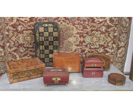 A COLLECTION OF DECORATIVE BOXES, eight various, including satinwood caddy box, marquetry box, etc. (8) (with faults)