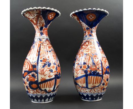 VASES, a pair, Japanese Imari ceramic with trumpet necks, 40cm H. (2)