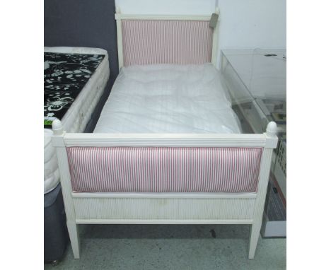 SINGLE BED, from Nordic style, acorn finial headboard and footboard in white and red stripes with Nordic style mattress, 38cm