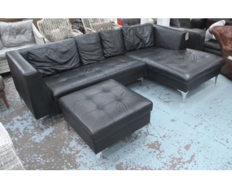 CORNER SOFA, in black leather on chromed metal supports, 263cm x 165cm plus matching footstool, 70cm x 70cm x 44cm H. (2)