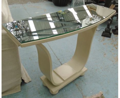 CONSOLE TABLE, Art Deco style, in a distressed finish with a glass top, 107cm W x 81.5cm H x 40.5cm D. (with faults)