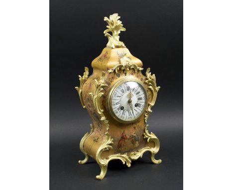 MANTEL CLOCK, Louis XV style, early 20th century with floral spray decorated crackle finish, foliate gilt mounts, the bell st