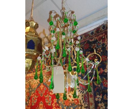 CHANDELIER, with openwork metal frame and green pendant drops, approximately 45cm H. (with faults)
