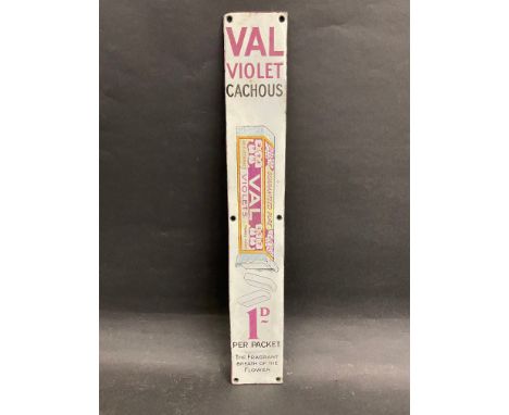 A VAL Violet Cachous enamel vending machine sign, restored, 2 1/2 x 15 1/2".