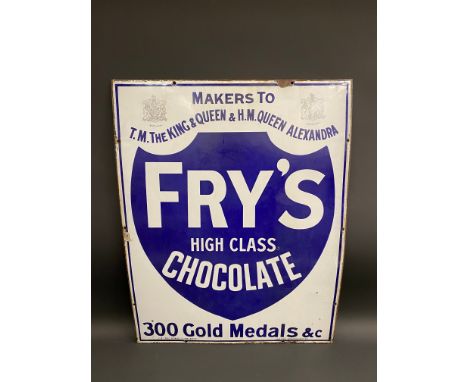 A Fry's High Class Chocolate enamel sign in excellent condition, with two Royal crests, central shield shape and the words '3