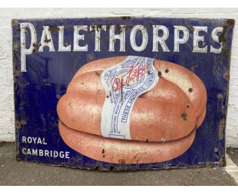 A large Palethorpes' Royal Cambridge sausages pictorial enamel sign, by Bruton of Palmers Green, 72 x 48".