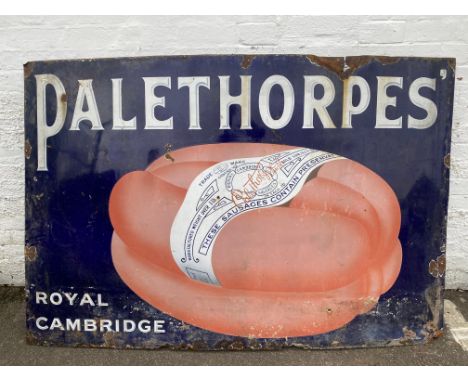 A large Palethorpes' Royal Cambridge sausages pictorial enamel sign, by Imperial Enamel, 72 x 48".