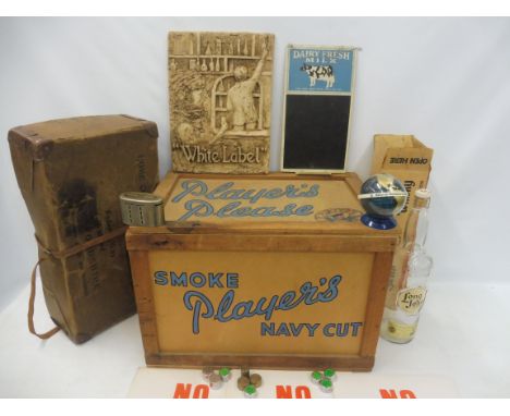 A collection of No Smoking cardboard signs, each 12 x 10", a large (empty) bottle of Long John Scotch Whisky, in original box