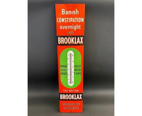 A Brooklax Chocolate Laxative enamel thermometer, by repute working, with two re-touched areas at the top, 8 1/4 x 36".