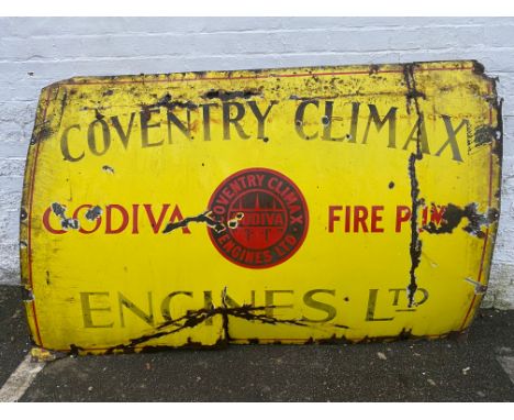 A large Coventry Climax Godiva Fire Pump Engines Ltd, rectangular enamel sign, with central three spires image, 72 x 47".