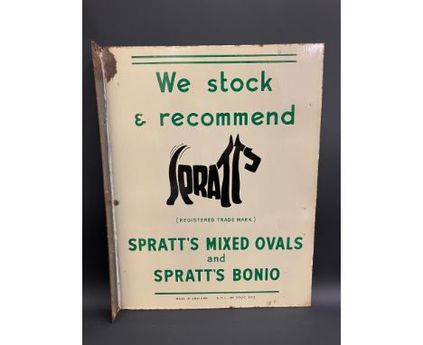 A rarely seen Spratt's Mixed Ovals and Spratt's Bonio double sided enamel sign with hanging flange, 15 x 19 1/2".