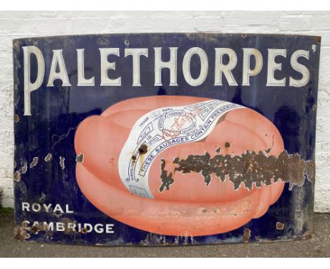 A large Palethorpes' Royal Cambridge sausages pictorial enamel sign, by Imperial Enamel, 72 x 48".