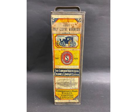 A rare and early London Varnish &amp; Enamel Company Limited square varnish tin, produced for the Indian market, but a Britis