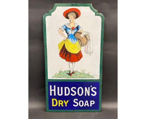 A rare Hudson's Dry Soap pictorial enamel sign, depicting the 'laundress', by Chromo, with some professional restoration, 11 