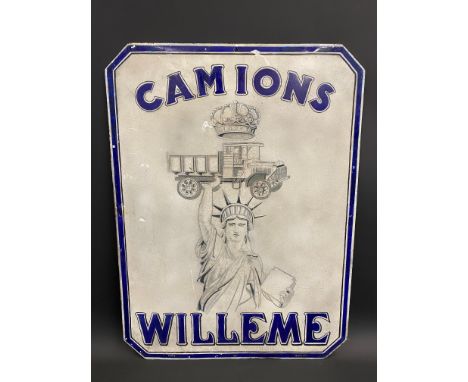A Camions Willeme pictorial enamel sign depicting an early commercial vehicle standing under the Statue of Liberty, with some