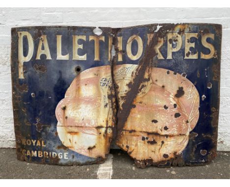 A large Palethorpes' Royal Cambridge sausages pictorial enamel sign broken in two pieces, by Imperial Enamel, 72 x 48".