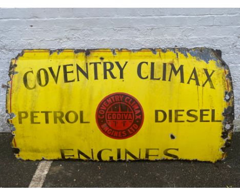 A large Coventry Climax Petrol and Diesel Engines, rectangular enamel sign, with central three spires image, 72" w.