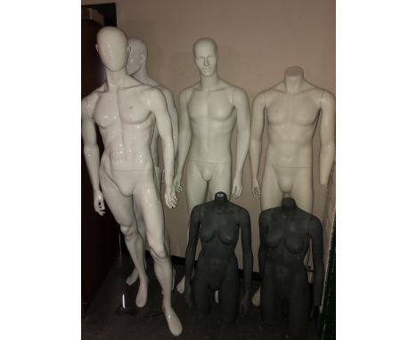 Four male shop mannequins with two stands (incomplete), together with two further female mannequin torsos 