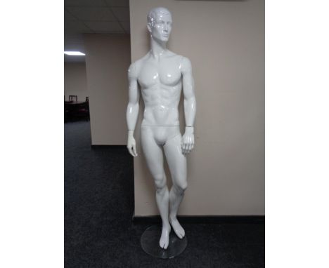 A male mannequin on stand (white gloss).
