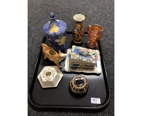 A tray containing assorted china to include Masons butter dish with cover, Royal Crown Derby table lighter, cow creamer etc, 