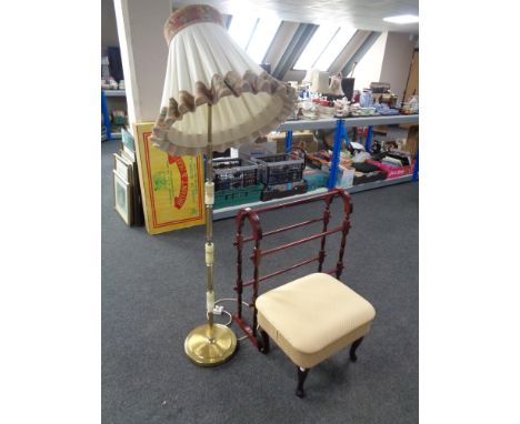 A brass and onyx standard lamp with shade together with a footstool and towel rail 