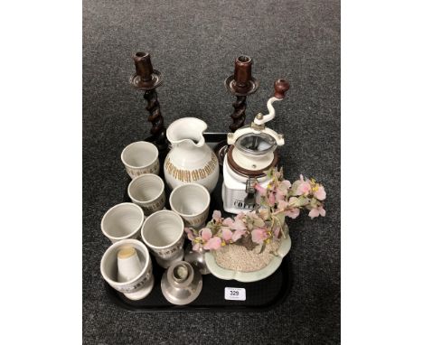 A tray containing a pair of Edwardian barley twist candlesticks, a pottery jug with six goblets, plated candlesticks, coffee 