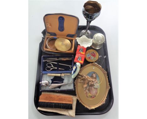 A tray containing miscellaneous items to include compacts, manicure sets, plated wares, Royal Worcester shell dish, pins etc.