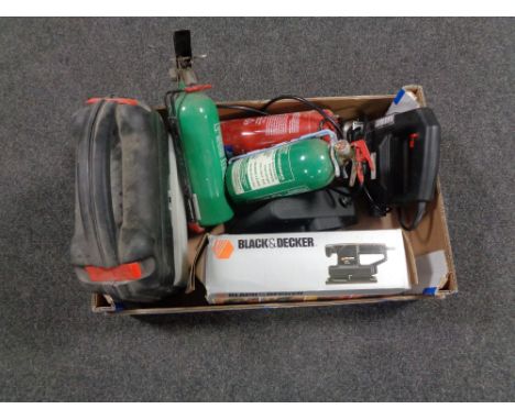 A box containing Black and Decker sander, mouse sander, planer, fire extinguishers etc.  
