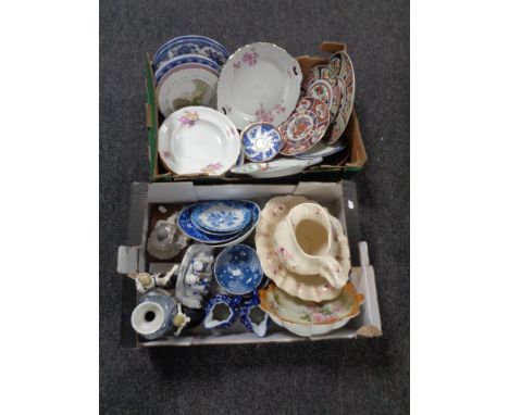 Two boxes containing miscellaneous china to include continental figures, Art Deco figures, wash jug and basin, assorted plate