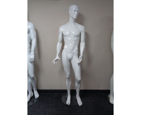 A male mannequin on stand (white gloss).   