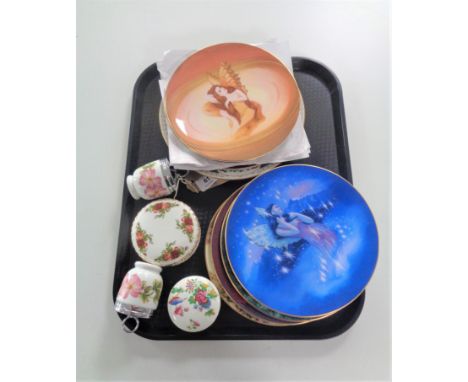 A tray of decorative plates, Royal Worcester and others, with some certificates, Worcester egg codlers, Royal Albert trinket 