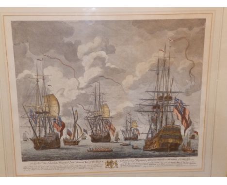 A 20thC reproduction coloured print - Lord Anson's Fleet of 1747,  20" x 23".