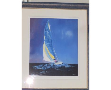 Gerry Defries - a modern limited edition signed colour print - Sailing boat in blue &amp; yellow - 3/10,  24" x 20".