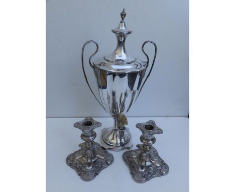 An EP neoclassical hot water urn by Mappin &amp; Webb,  15.5" and a pair of  EP dwarf candlesticks. (3)