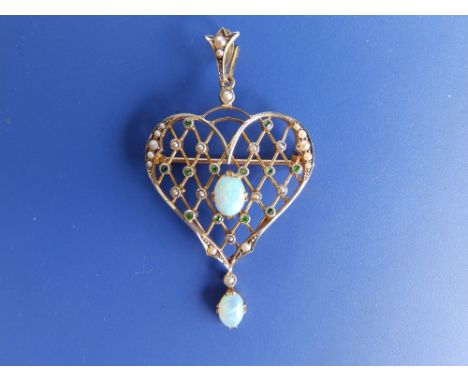 An opal, peridot &amp; pearl set '9ct' openwork heart shaped pendant/brooch, 2.25" overall height.