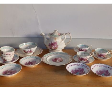 18 pieces of Victorian tea china decorated in transfer print portraits of 'Victoria &amp; Albert' with painted colours - a/f.