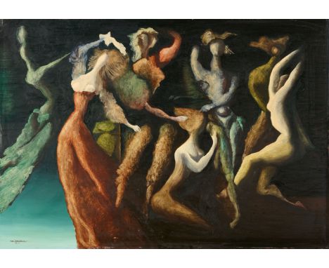 Mac Zimmermann, Märtyrerinnen in EkstaseÖl auf Hartfaserplatte. 70 x 100 cm. Gerahmt. Unten links schwarz signiert und datier