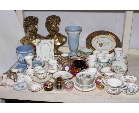 Collection of Wedgwood Jasperware, Spode, Minton, Royal Worcester, trinket boxes, two framed Flint prints, etc.