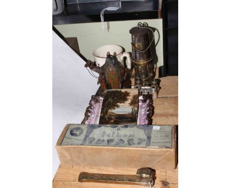 Patterson Type 1A miners lamp, Sunderland lustre 'Prepare to meet they God' plaque, Pelham Queen puppet, opera glasses, frog 